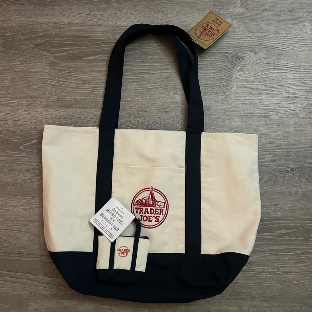 2 New Trader Joe’s Canvas Blue Tote Bags Micro and Original